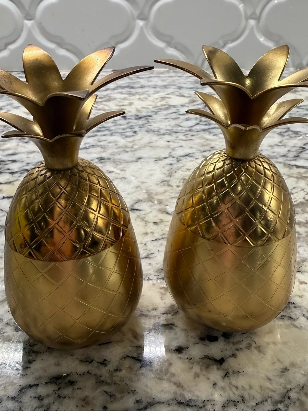 Vintage Solid Brass Pineapple Lidded Containers Set of 2 Trinket Boxes MCM